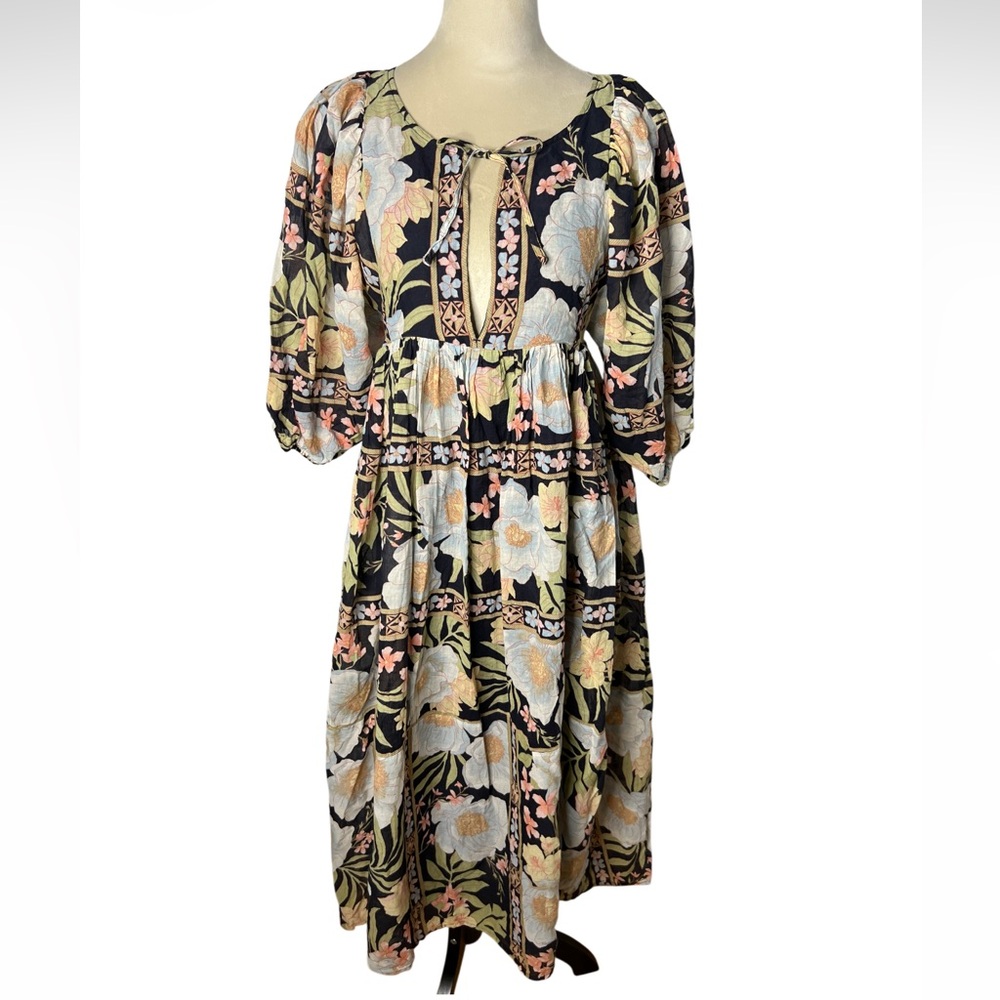 Billabong Floral Midi Dress Puff Sleeves Tie Back Pockets Lined Boho  SZ S EUC - Picture 2 of 8